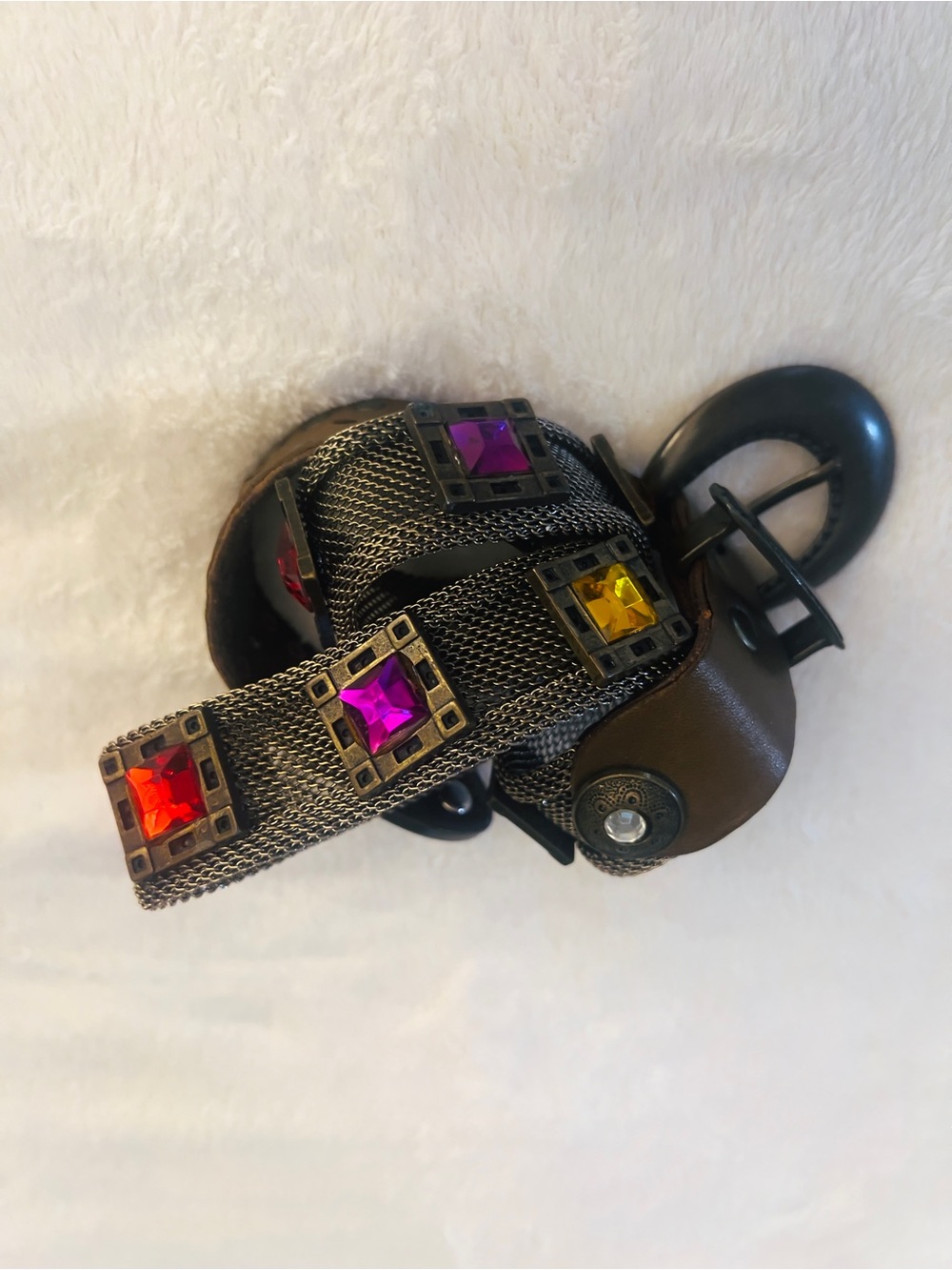 🩷Beautiful Vintage Sand CASTLE USA JEWELED BRASS METAL MESH /BLACK 🩷LEATHER BELT
